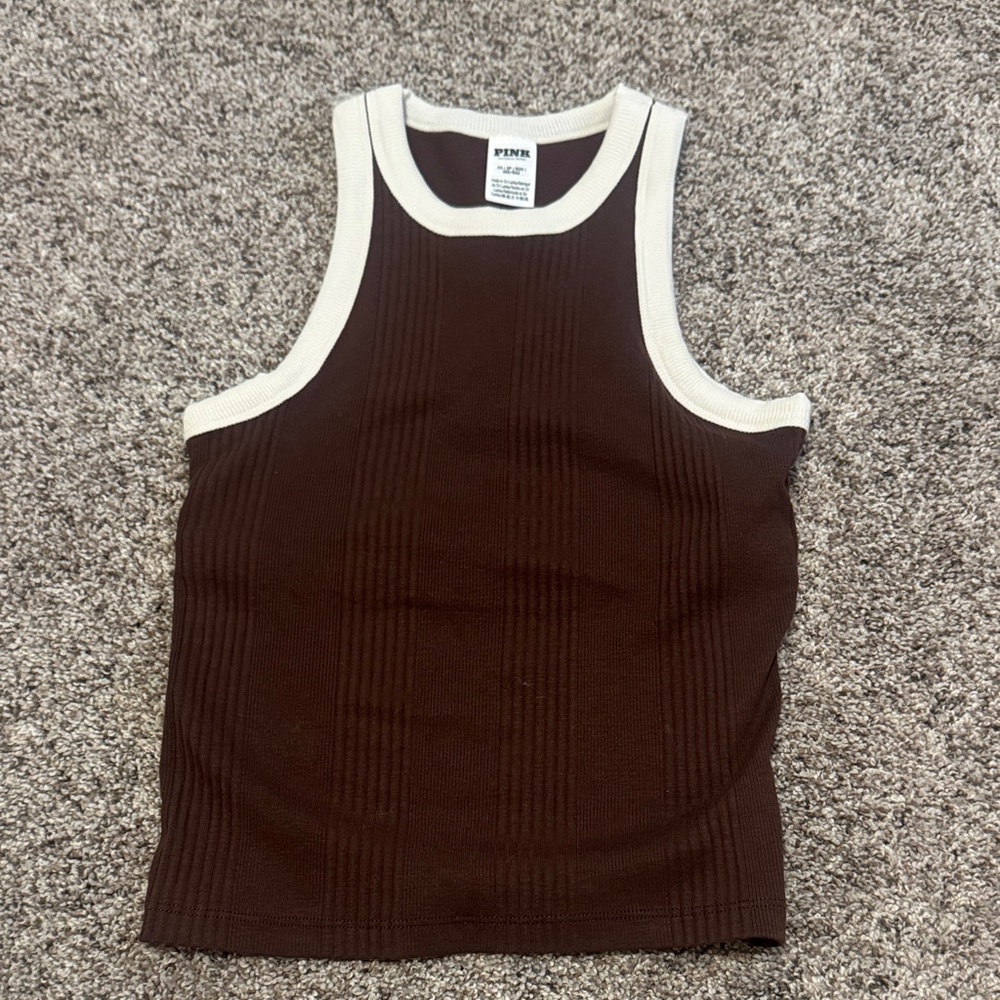 PINK Victoria's Secret Brown Tank with White Trim